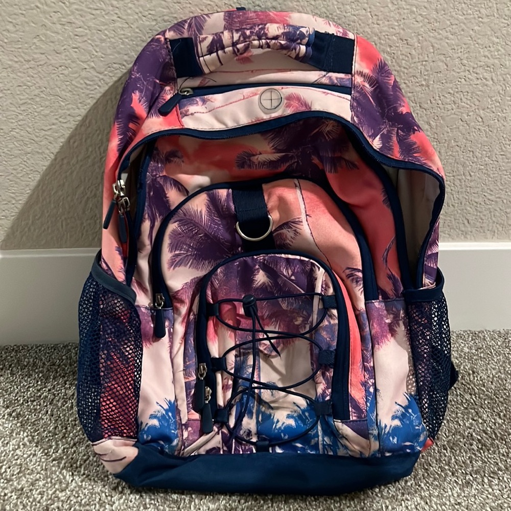 Pottery Barn Teen Backpack, Pink Sunset/purple palm trees. USED/broken zipper!